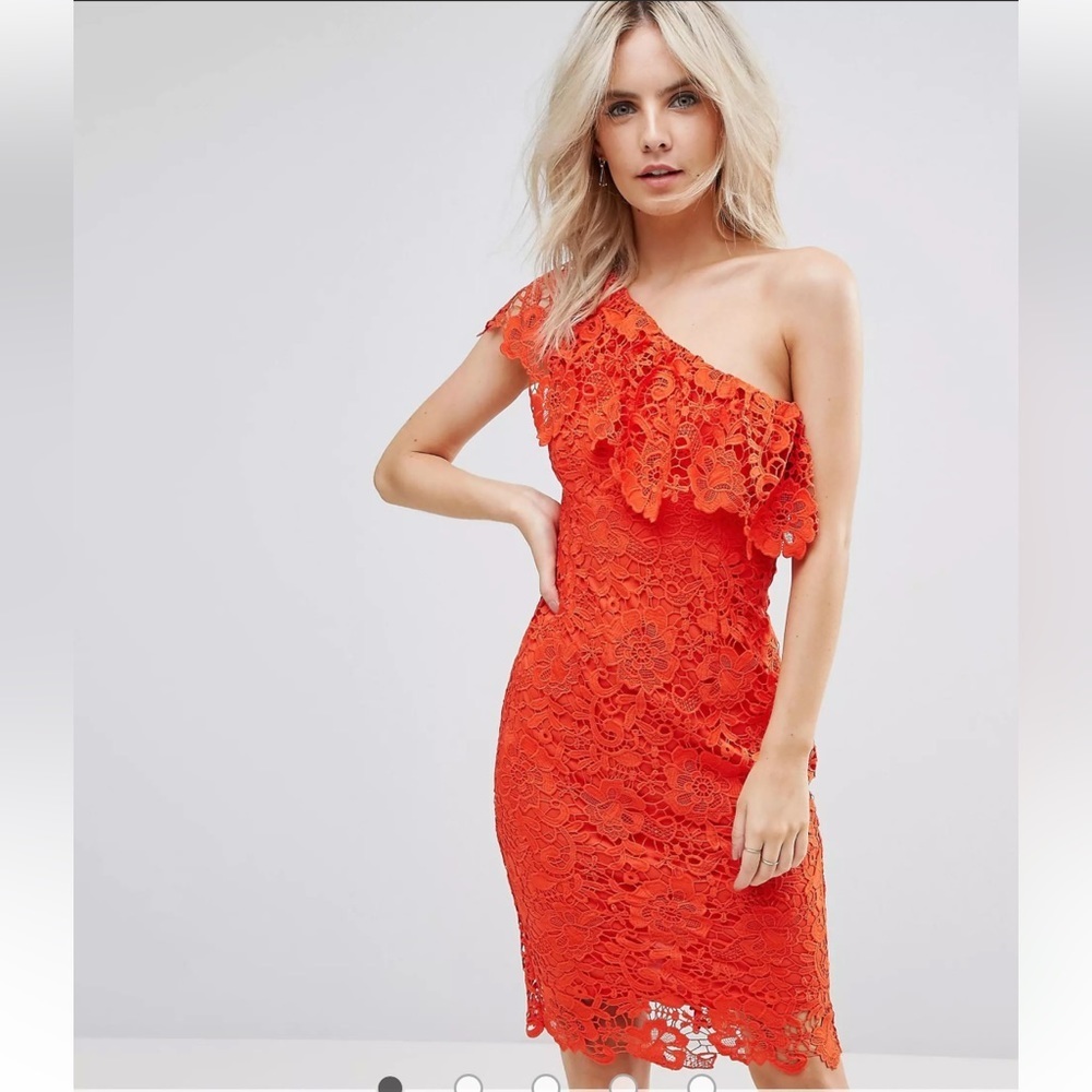 ASOS Paper Dolls Tall One Shoulder Crochet Lace Dress Tomato Red Wedding Guest